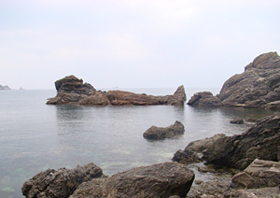 歩道から見た岩場と海